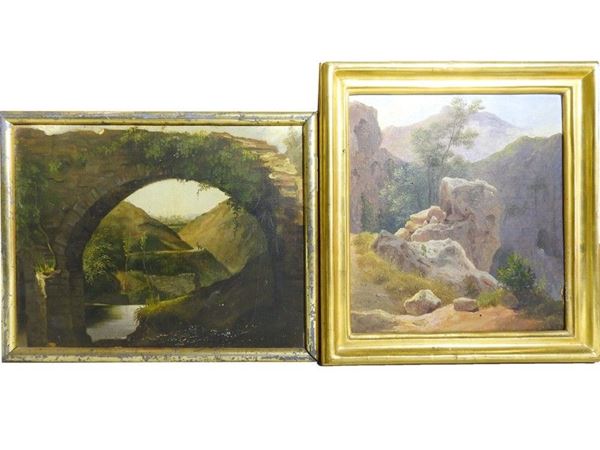 River Landscape with Ruins and Rocky Landscape, two oils on canvas and paper
