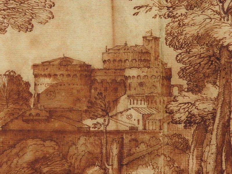 Paesaggio Fluviale con Alberi e Imbarcazioni in Primo Piano e un Villaggio sullo Sfondo