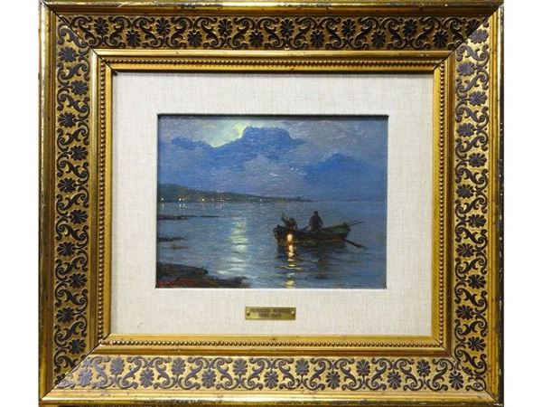 Nocturnal Seascape with Fishermen, oil on panel