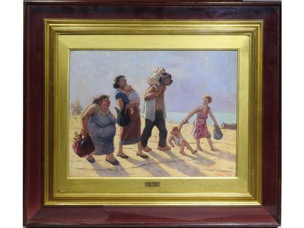 Figures on the Beach, oil on faesite, with stamp on reverse