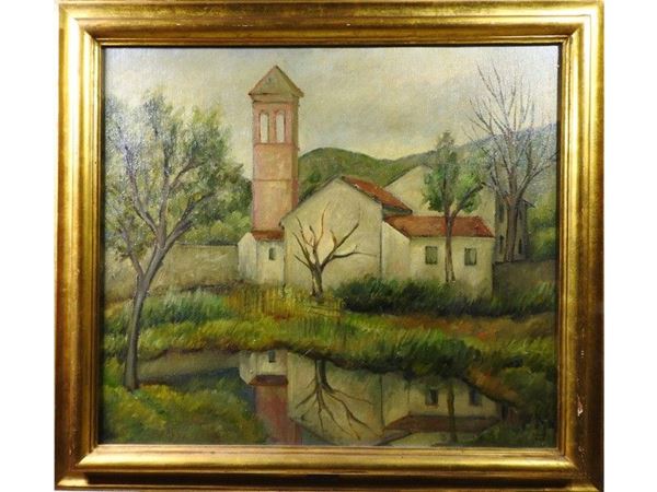 River Landscape with Church, oil on canvas