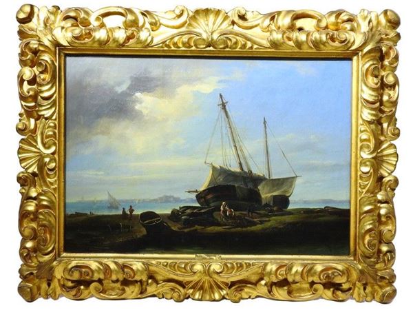 Seascape with Boats and Figures, oil on canvas