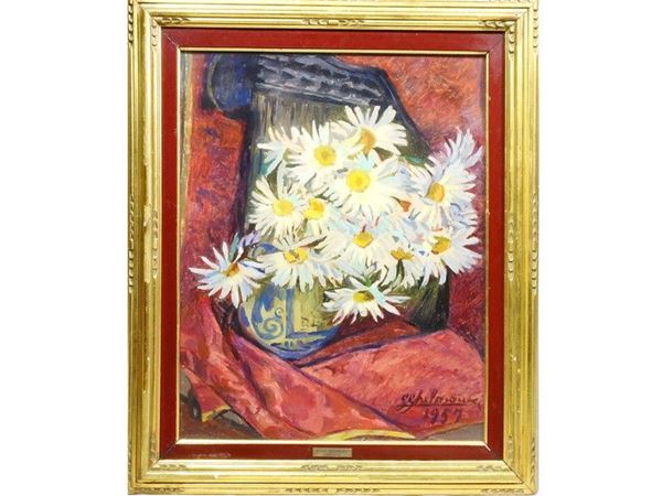 Still life with Daisies and Chitara, oil on cardboard