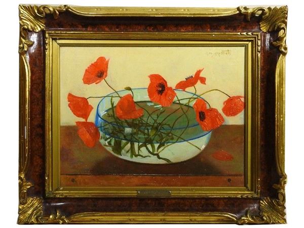 Poppies in a Vase, oil on canvas board