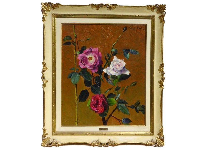69. Valentino Ghiglia (1903-1960) Rose Olio su Cartoncino, Firmato, in Cornice CM 59,5x49,5 al Ve...