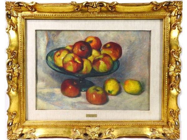 Still Life with Apples, oil on panel, with stamp on reverse