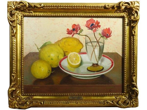 Still Life with Lemons and Anemones, oil on canvas board