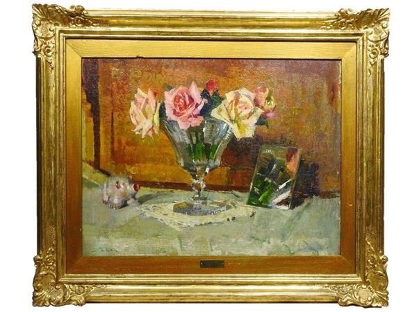 Still Life with Roses in a Vase, oil on faesite