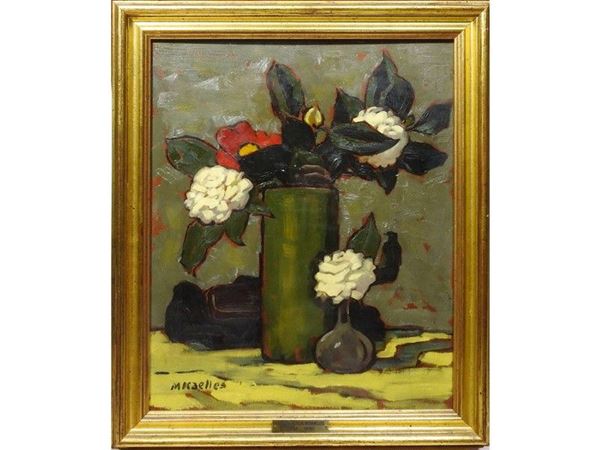 Camellias Flowers, oil on panel, with stamp on reverse