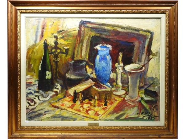 Still Life with Chessboard, oil on canvas, with labels on reverse