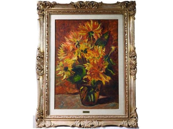 Dahlias in a Vase, oil on panel, with label on reverse