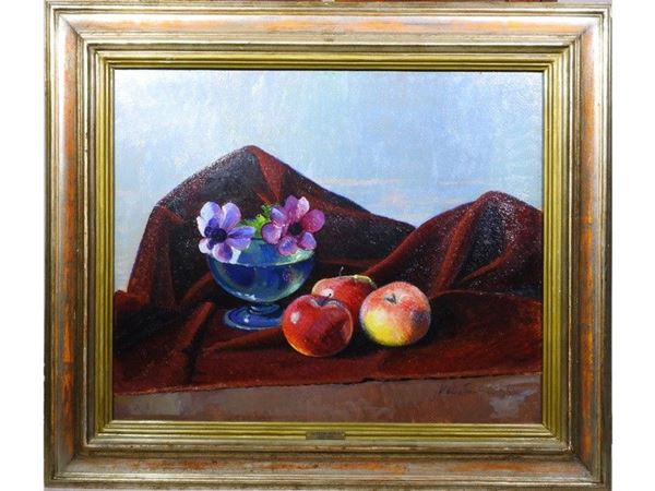 Still Life with Flowers and Apples, oil on cardboard