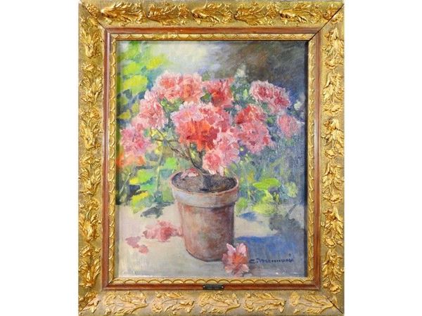 Azaleas in a Vase, oil on canvas board