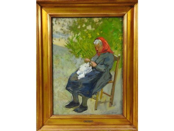 Portrait of The Painter's Mother in The Garden, oil on paper laid on canvas