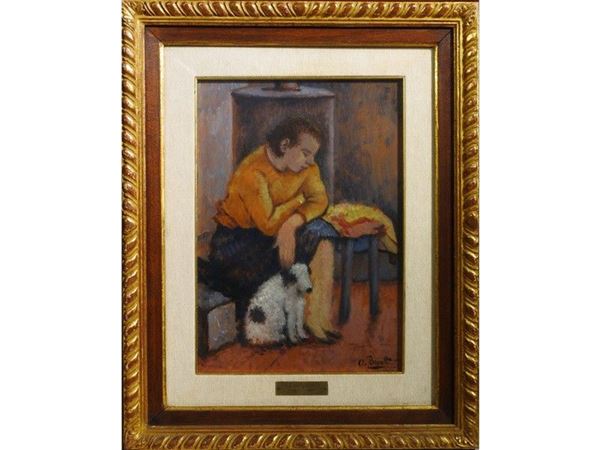 Portrait of a Woman with Dog, oil on faesite