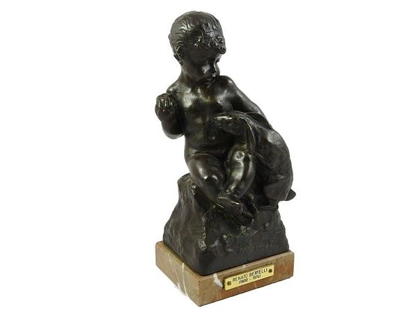 Child with Rabbit, bronze figural group