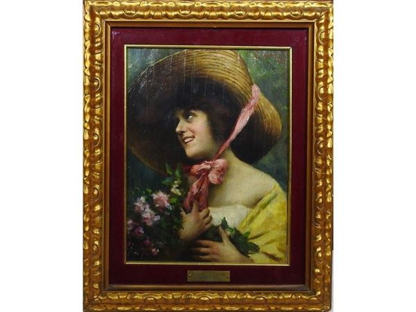 Portrait of a Woman with Hat and Flowers, oil on panel, with inscriptions on reverse