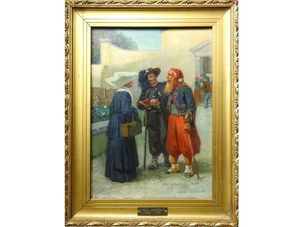 Scene with Soldiers and Nun, oil on canvas laid on cardboard