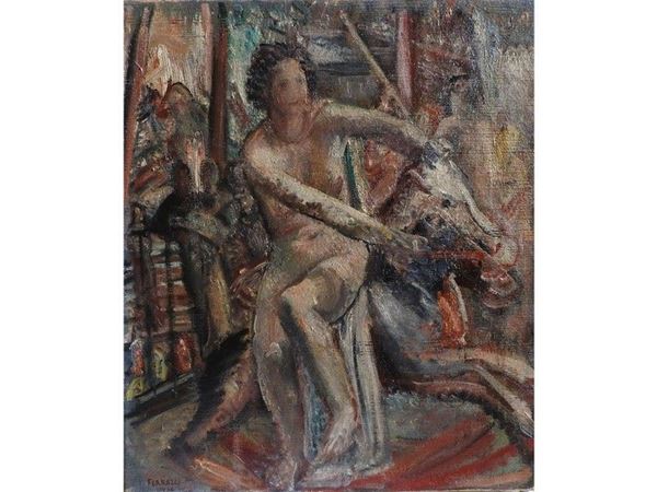 Nude Figure on a Carousel, oil on canvas, with inscriptions and label on reverse