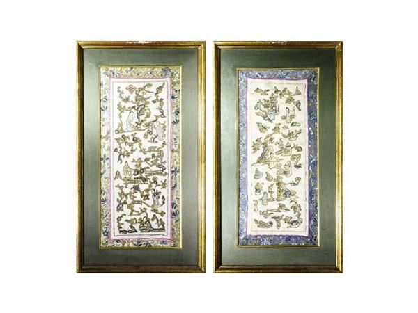 Pair of Embroidered Sillk Panels
