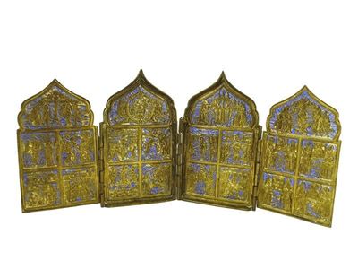 Icona da Viaggio in Bronzo Dorato e Smalti