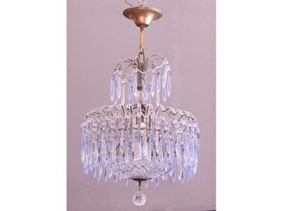 Lampadario in Metallo Dorato e Vetro Incolore e Celeste