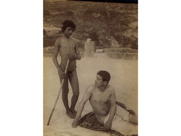 Lot of two albumen prints from glass plate negative one with credit stamp and numbers on verso