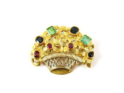 Spilla in Oro Giallo, Oro Bianco, Rubini, Zaffiri e Smeraldi
