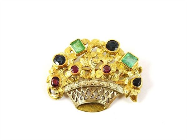 Yellow and white gold brooch with rubies, sapphires and emeralds