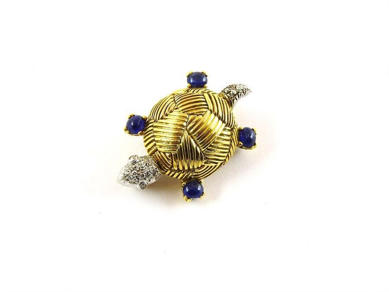 Spilla Animalier in Oro Giallo, Oro Bianco, Diamanti e Zaffiri Cabochon