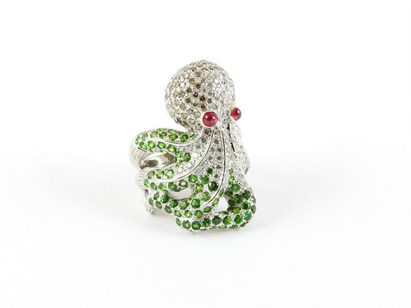 White gold octopus shaped ring with colourless and brown brilliant cut diamonds, tsavorites and rubies