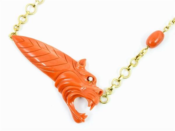 Yellow gold necklace, drake shaped coral, coral olives and diamonds