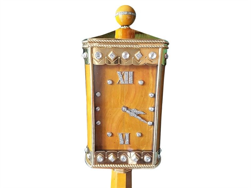 Orologio da Tavolo in Oro Giallo, Diaspro Giallo e Diamanti