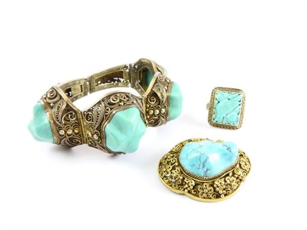 Parure of guilded silver and stabilized turquoise bracelet