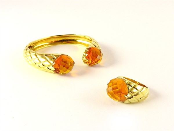 Parure of yellow gold bangle and ring with madeira quartzes