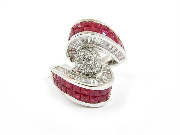 White gold ring with diamonds and rubies