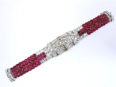 Bracciale in Platino, Diamanti e Rubini Cabochon