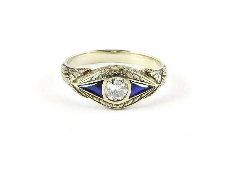 Anello in Oro Bianco, Diamante e Pietre Blu