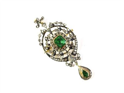 Pendente/spilla in Oro Giallo, Argento, Smeraldi e Diamanti