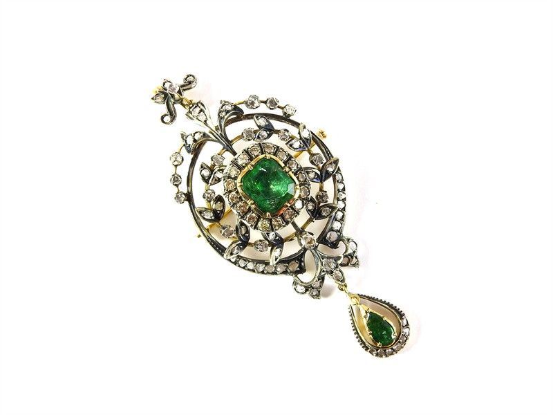 Pendente/spilla in Oro Giallo, Argento, Smeraldi e Diamanti