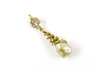 Pendente in Oro Giallo, Smeraldi, Diamanti e Perla Naturale