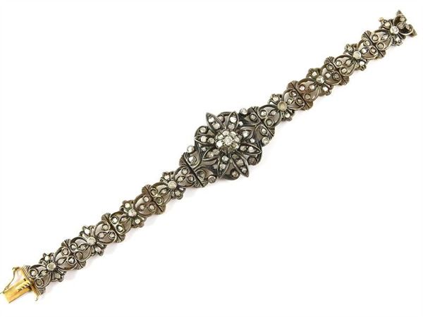 Yellow gold and silver bracelet with rose cut diamonds