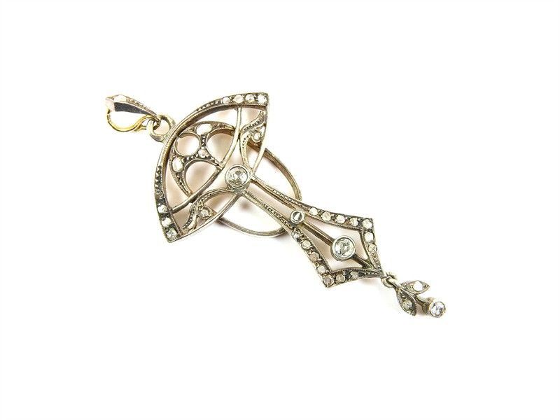 Pendente Liberty in Oro Giallo, Argento e Diamanti