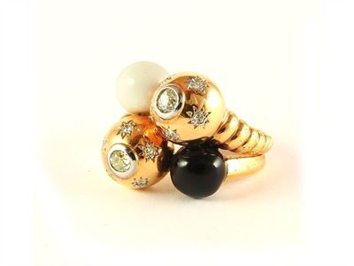 Anello in Oro Giallo, Oro Bianco, Smalto e Diamanti