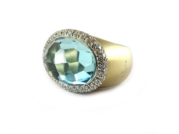 Pomellato yellow and white gold ring with aquamarine and small diamonds