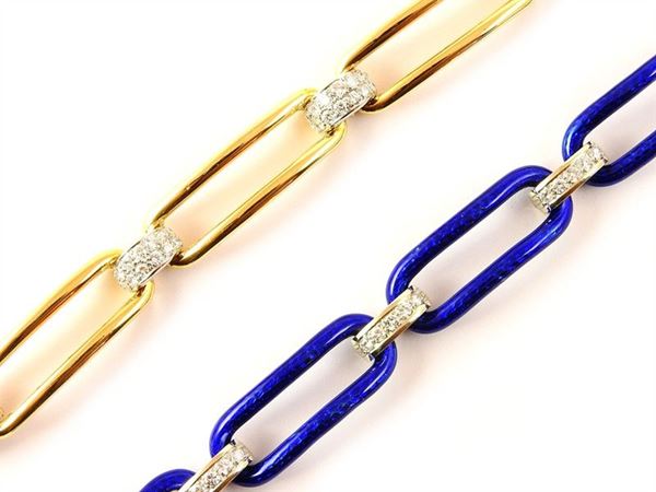 Two yellow and white gold bracelets with blue enamel and diamonds