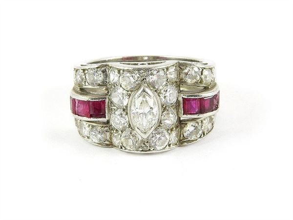 Platinum ring with diamonds and rubies, USA Thirties