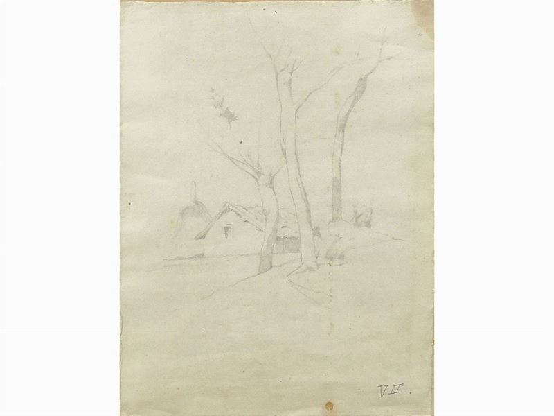 Giovanni Fattori - Veduta di Casolare con Alberi e Pagliaio