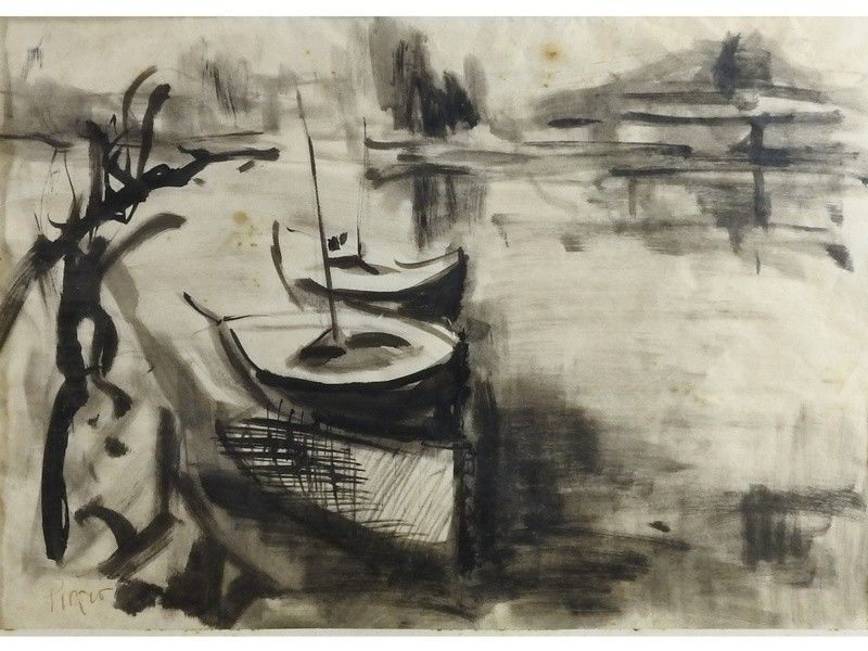 Paesaggi Fluviale con Barche e Pescatori 1955