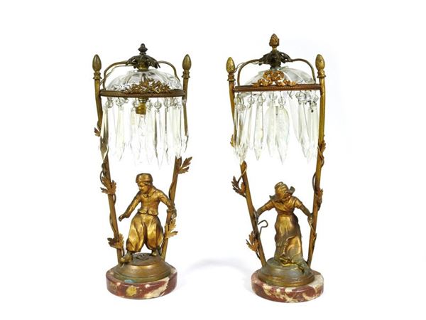 Pair of Gilded Metal and Crystal Table Lamps